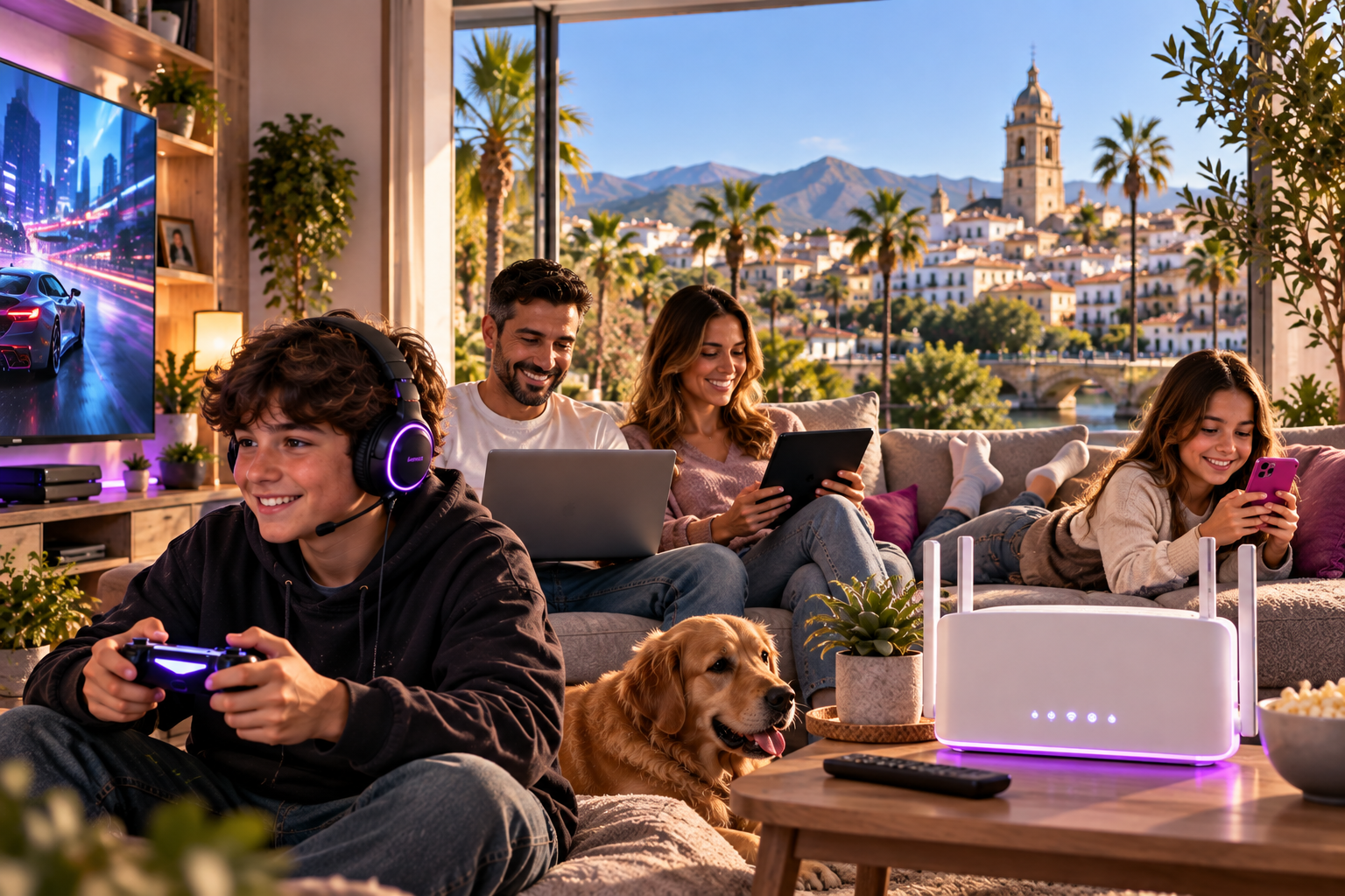 Familia disfrutando de internet en casa